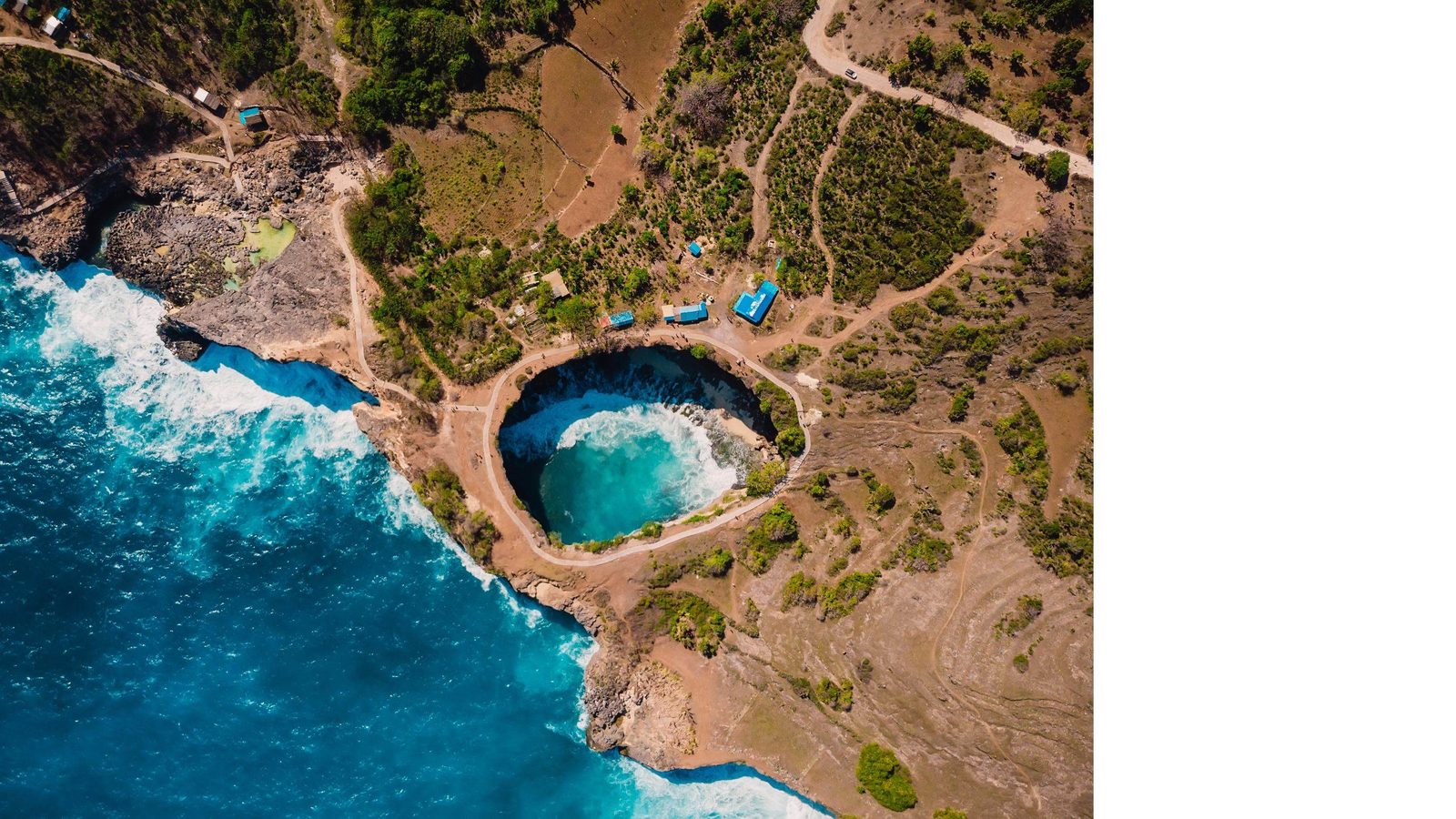 The circular sea-arch of Broken Beach on Nusa Penida, from the air